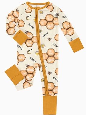 Honeycomb Print Kids One-Piece Romper - Mustard Trim